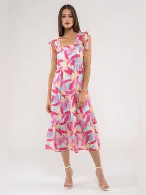 Blu Pepper Brush Stroke Print Tiered Midi Dress